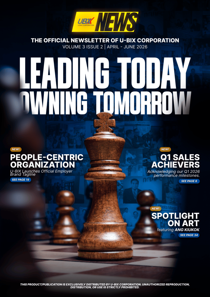 Magazine cover featuring a close-up chess king piece in focus with a blue-tinted collage background and bold white title text: 'LEADING TODAY OWNING TOMORROW' (U-BIX News).