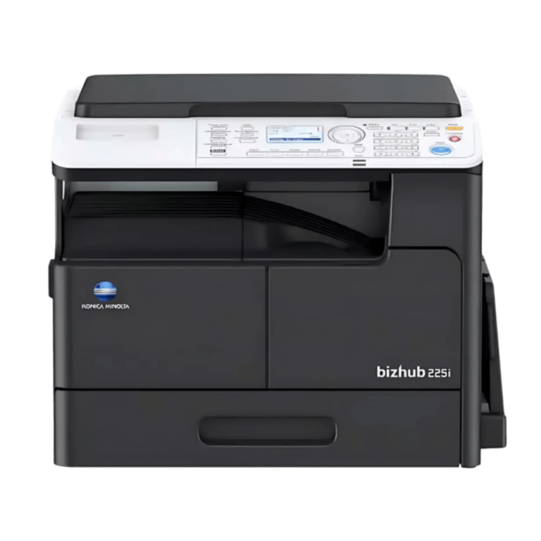 Front view of a Konica Minolta Bizhub 225i multifunction printer with a white control panel and dark body.