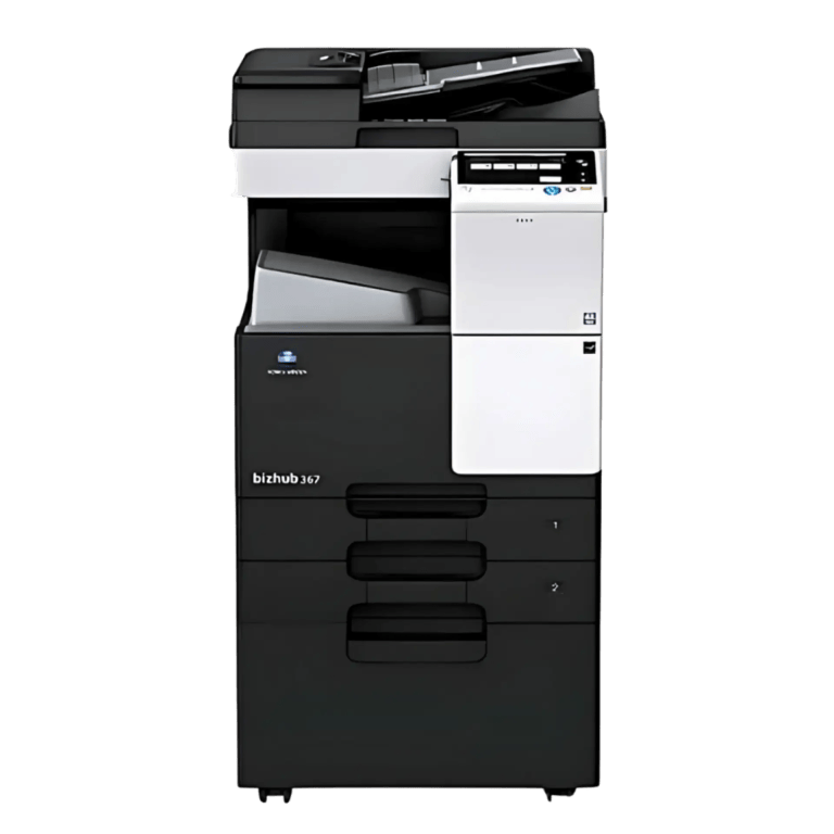 Large black-and-white office multifunction printer with scanner lid open on top and control panel on the right (model bizhub367)