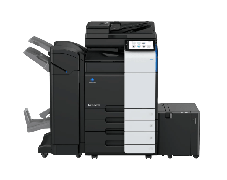 Konica Minolta bizhub C361i multifunction printer with touchscreen control panel and paper trays in a row